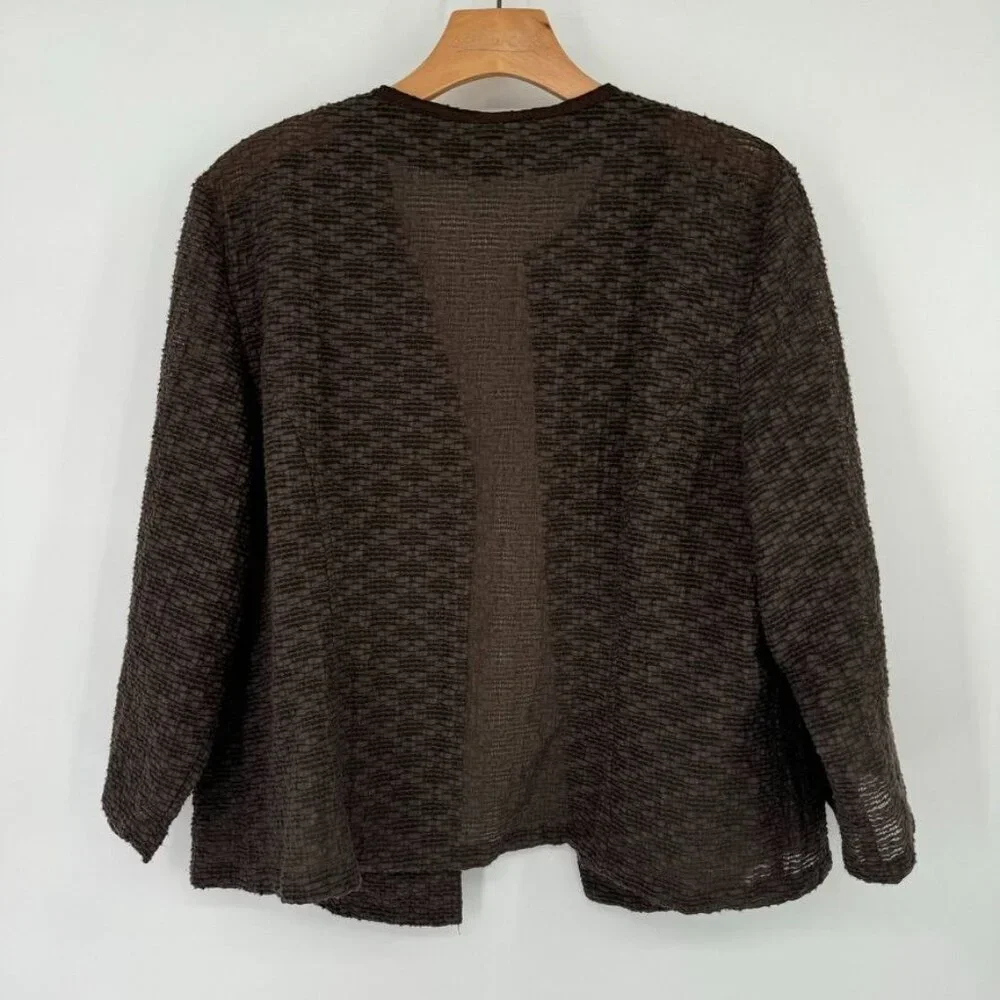 Chicos 2 Womens Brown Open Front jacket Size large Cotton embroidered crinkle